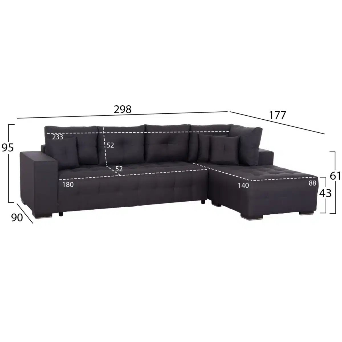 ΓΩΝΙΑΚΟΣ ΚΑΝΑΠΕΣ-ΚΡΕΒΑΤΙ ΜΕ ΑΠΟΘ.ΧΩΡΟ TRENDSTON HM3302.01R ΓΚΡΙ ΥΦΑΣΜΑ 298x177x95Υεκ - Image 2