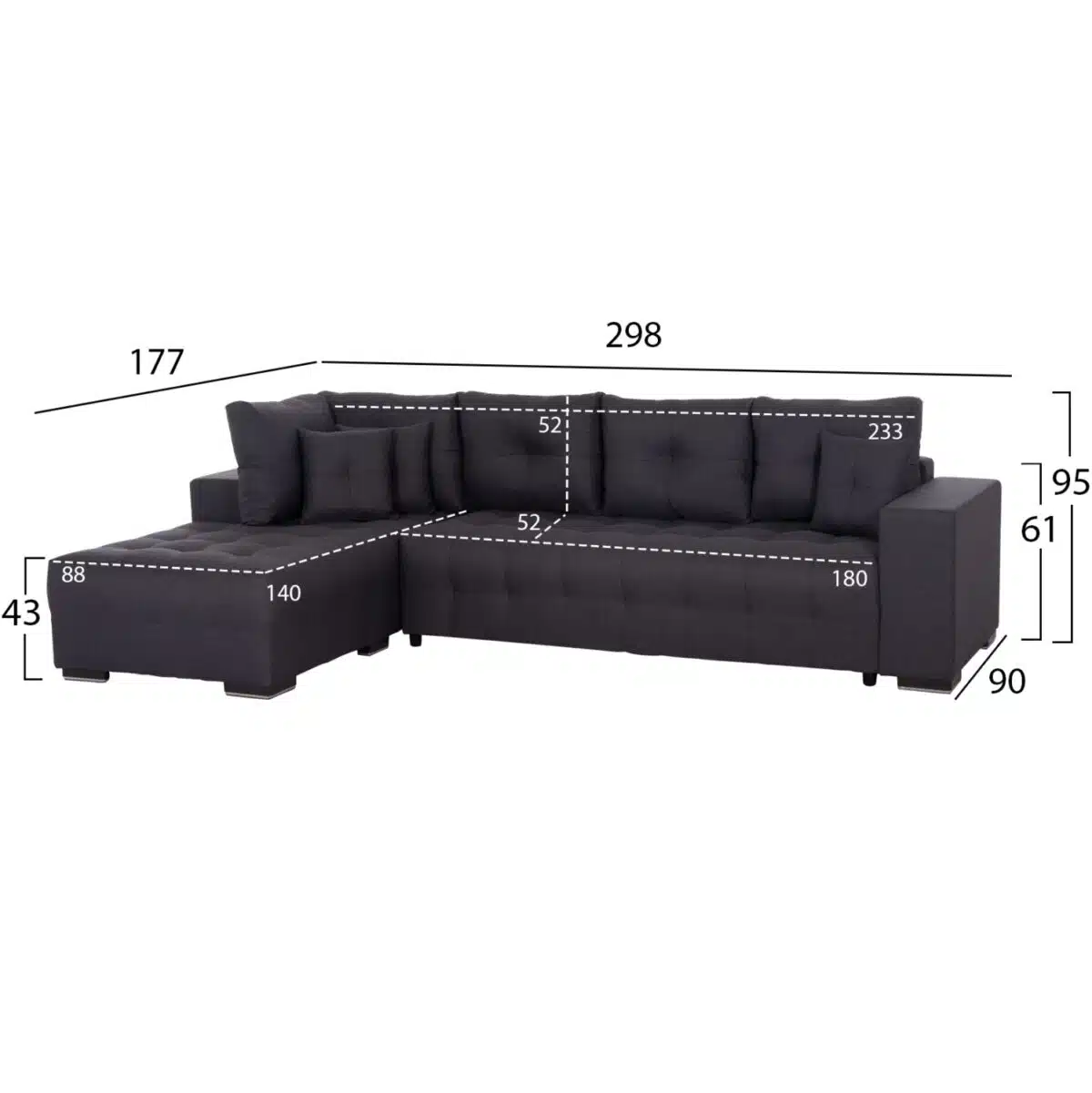 ΓΩΝΙΑΚΟΣ ΚΑΝΑΠΕΣ-ΚΡΕΒΑΤΙ ΜΕ ΑΠΟΘ.ΧΩΡΟ TRENDSTON HM3302.01L ΓΚΡΙ ΥΦΑΣΜΑ 298x177x95Υεκ - Image 2