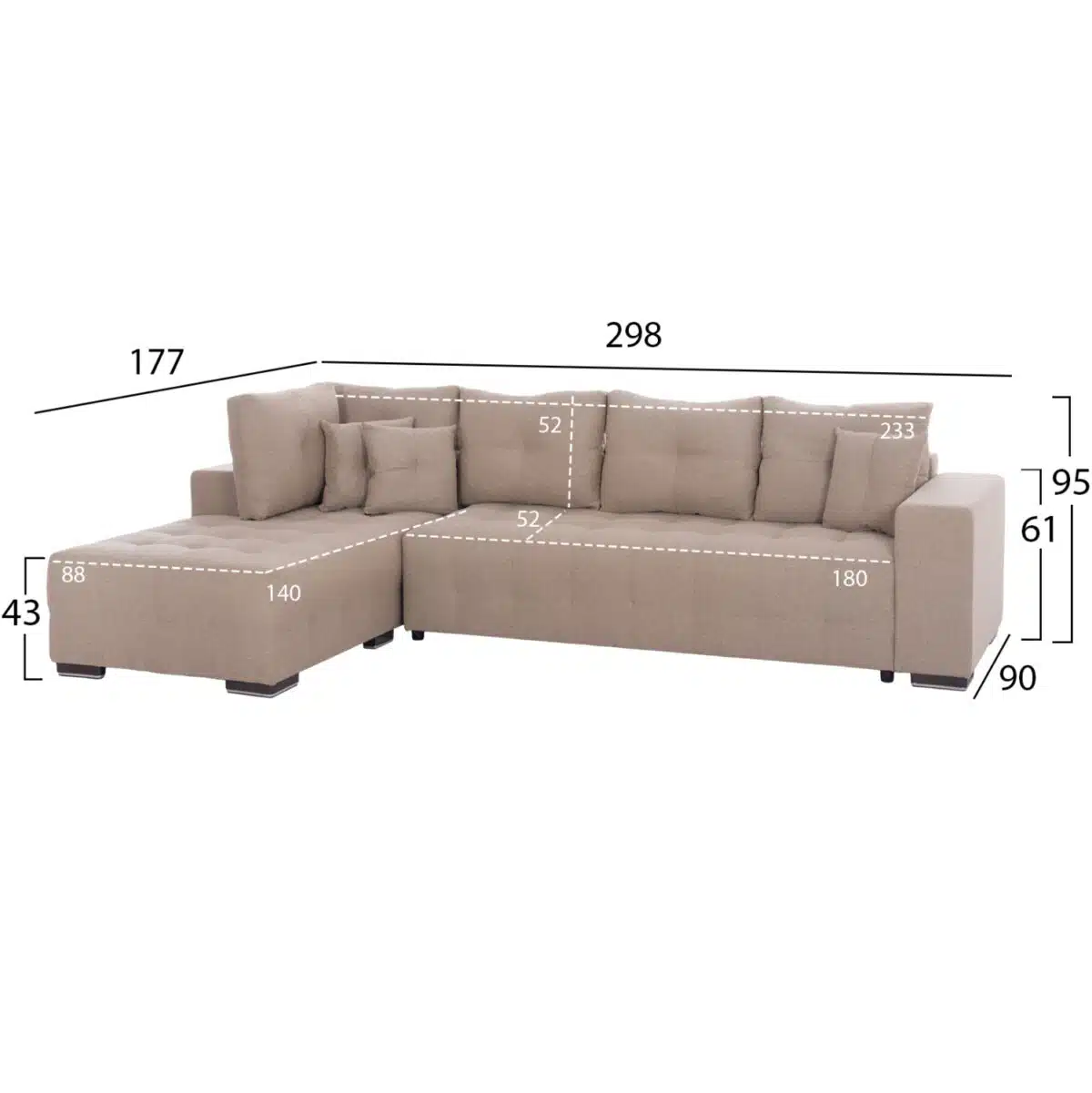ΓΩΝΙΑΚΟΣ ΚΑΝΑΠΕΣ-ΚΡΕΒΑΤΙ ΜΕ ΑΠΟΘ.ΧΩΡΟ TRENDSTON HM3302.03L ΜΠΕΖ ΥΦΑΣΜΑ 298x177x95Υεκ - Image 2