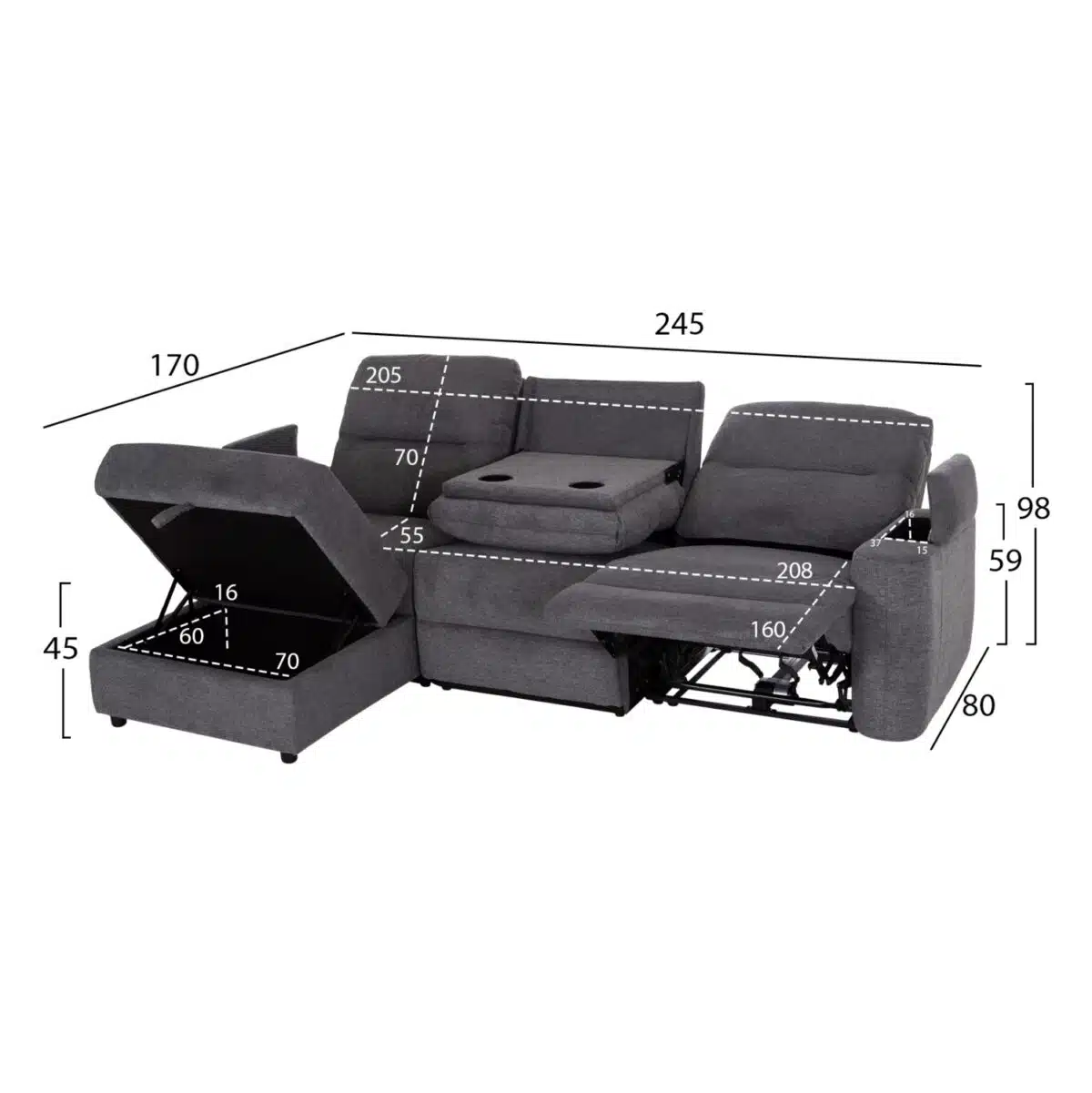 ΚΑΝΑΠΕΣ ΑΡΙΣΤΕΡΗ ΓΩΝΙΑ SYNTHIA HM3308.03L ΑΝΑΚΛΙΣΗ & ΑΠΟΘ.ΧΩΡΟΣ--ΓΚΡΙ 245x170x98Υεκ - Image 2