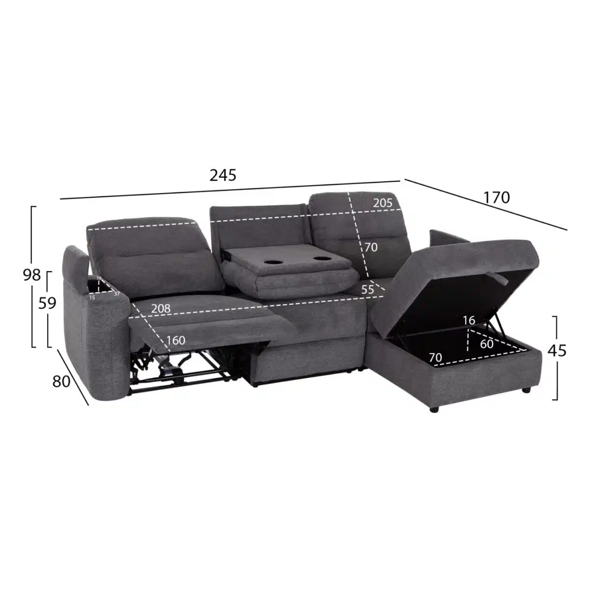 ΚΑΝΑΠΕΣ ΔΕΞΙΑ ΓΩΝΙΑ SYNTHIA HM3308.03R ΑΝΑΚΛΙΣΗ & ΑΠΟΘ.ΧΩΡΟΣ--ΓΚΡΙ 245x170x98Υεκ - Image 2