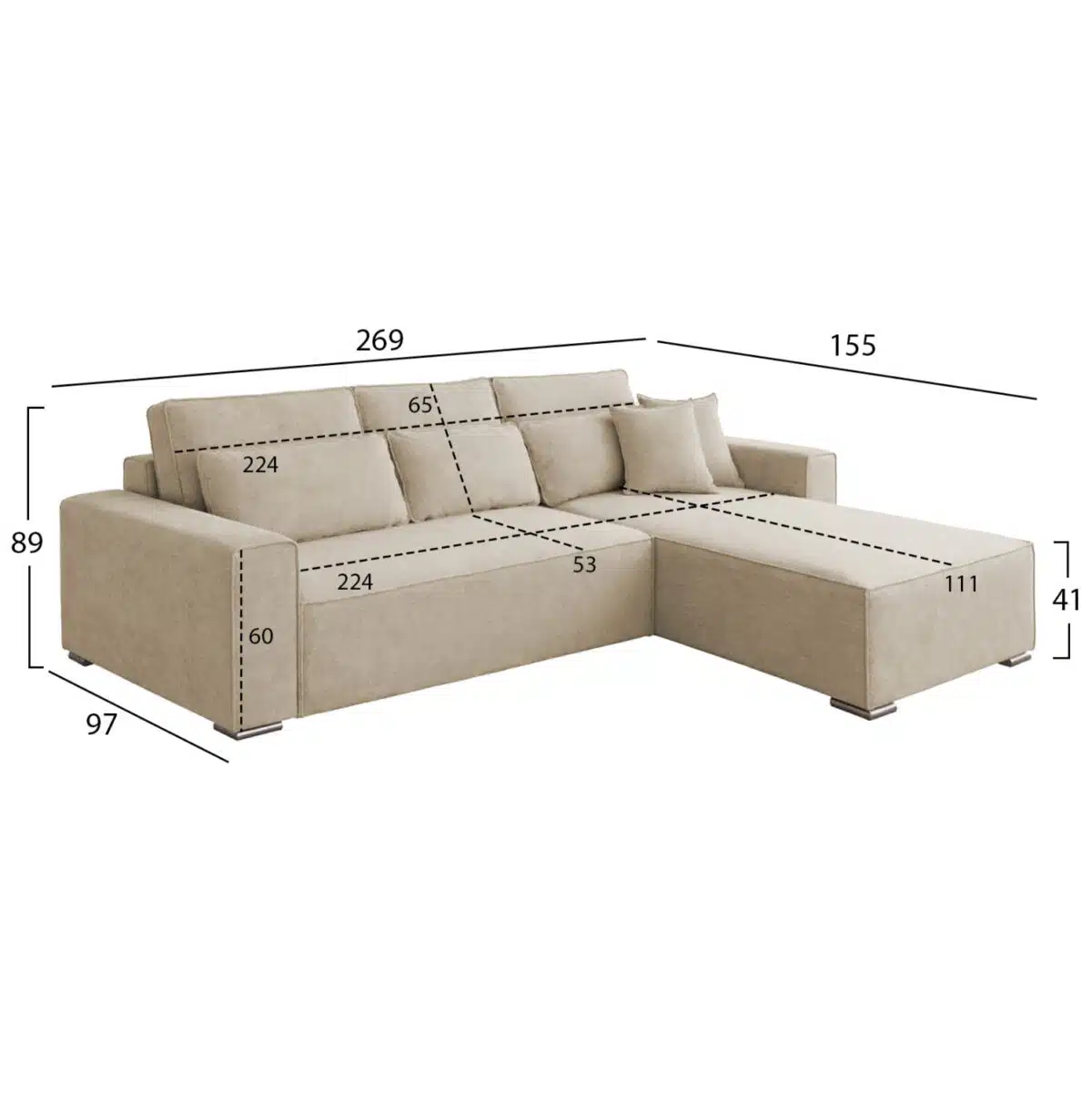 ΚΑΝΑΠΕΣ ΚΡΕΒΑΤΙ ΑΝΑΣΤΡΕΨΙΜH ΓΩΝΙΑ CORNERA HM3335.03 ΜΠΕΖ ΥΦΑΣΜΑ 269x155x89Yεκ - Image 2
