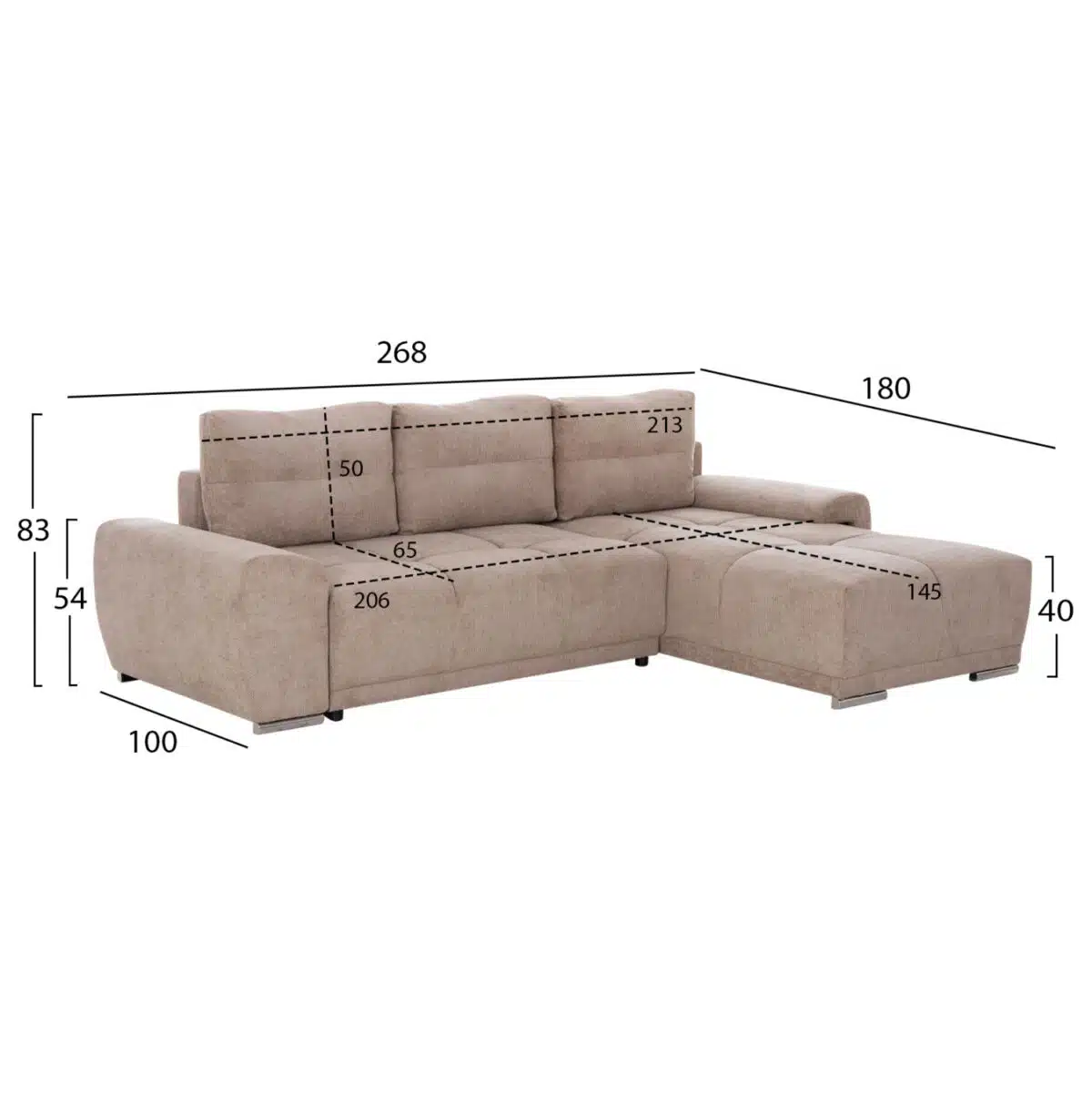 ΚΑΝΑΠΕΣ ΚΡΕΒΑΤΙ ΔΕΞΙΑ ΓΩΝΙΑ COMFYRA HM3336.03R ΜΠΕΖ ΥΦΑΣΜΑ 270x181x75Υεκ - Image 2
