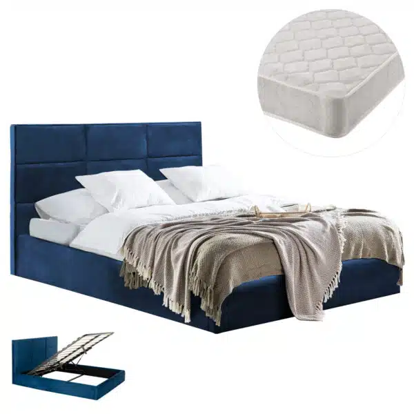 ΚΡΕΒΑΤΙ ΔΙΠΛΟ & ΣΤΡΩΜΑ BRILEY HM21272.03 ΜΠΛΕ ΒΕΛΟΥΔΟ ΜΕ ΑΠΟΘ.ΧΩΡΟ--ΓΙΑ 160x200εκ