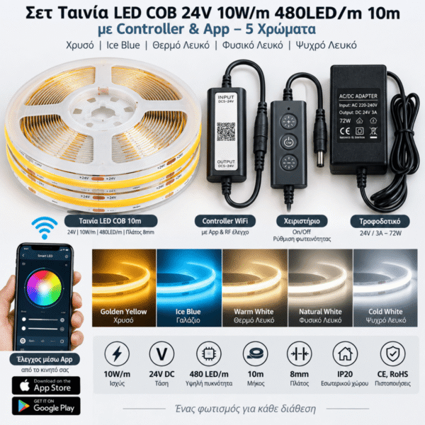 Σετ Ταινία LED Cob 10W M 24V 480LED