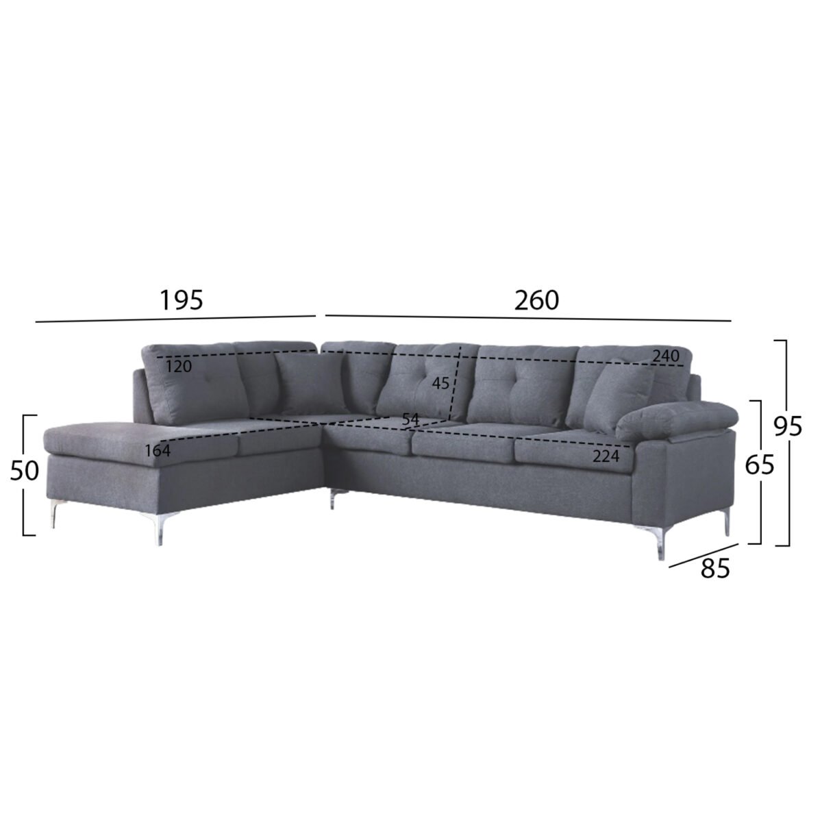 ΚΑΝΑΠΕΣ ΓΩΝΙΑ ΑΡΙΣΤΕΡΗ ZAILA HM3087L ΥΦΑΣΜΑ ΓΚΡΙ 282x197x90Υ εκ. - Image 3